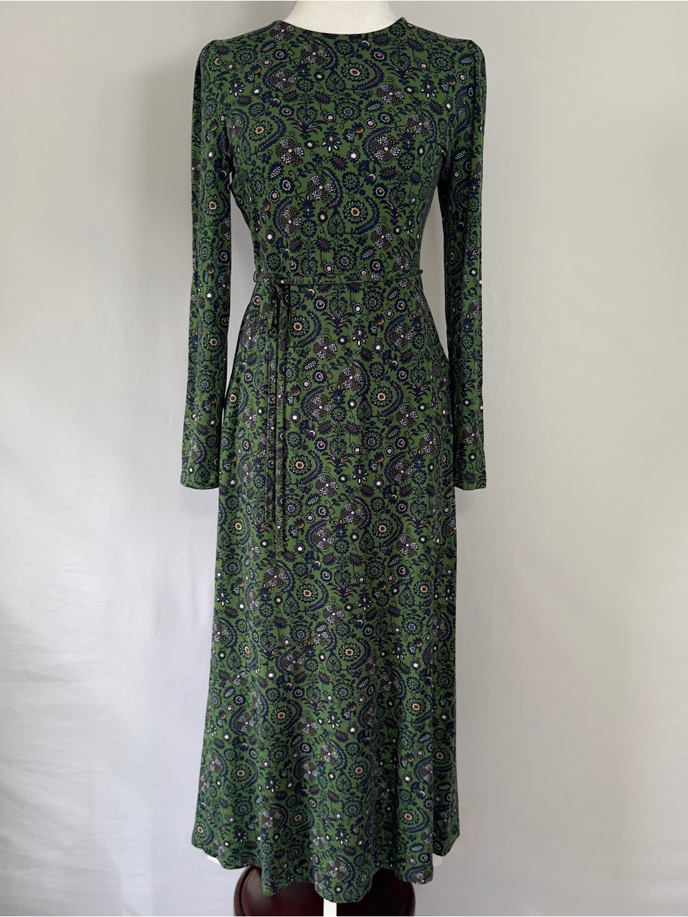 Boden Size 6 Green Paisley Floral Long Sleeve Midi Dress Self Tie Belt EcoVero - Picture 3 of 16